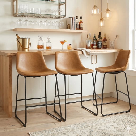 Waleaf 26 inch Bar Stools Set of 3,Counter Height Bar Stools with Back, Modern PU Leather Stools with Metal Leg and Footrest
