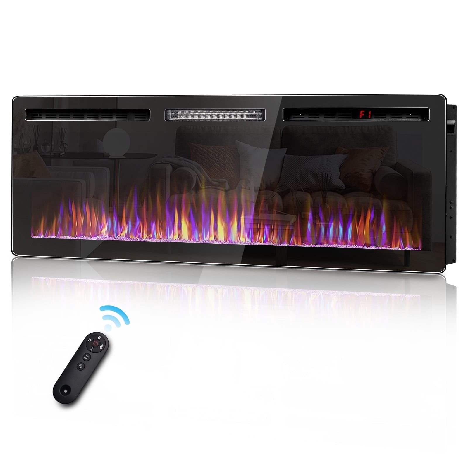 Waleaf 60 inch Ultra-Thin Silence Linear Electric Fireplace Inserts, Recessed Wall Mounted Fireplace, Fit for 2 x 4 and 2 x 6 Stud, Adjustable Flame Color & Speed, Remote Control 8h Timer