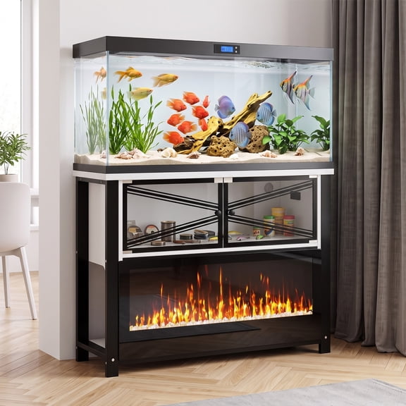 Waleaf 35 Gallon Aquarium Stand with Electric Fireplace & Power Outlet, Modern Fish Tank Stand with Storage Cabinet, Heavy Duty Terrarium Stand & Reptile Tank Stand