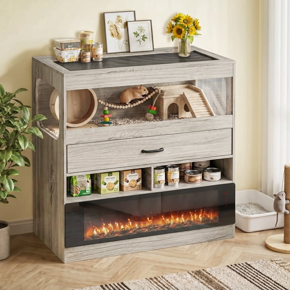 Waleaf 36" Hamster Cage with Fireplace & Storage, Large Small Animal Habitat with Easy View Acrylic Panels, Openable Mesh Top Enclosure for Guinea Pig, Hedgehog, Rat (36.02" x 19.69" x 31.97")
