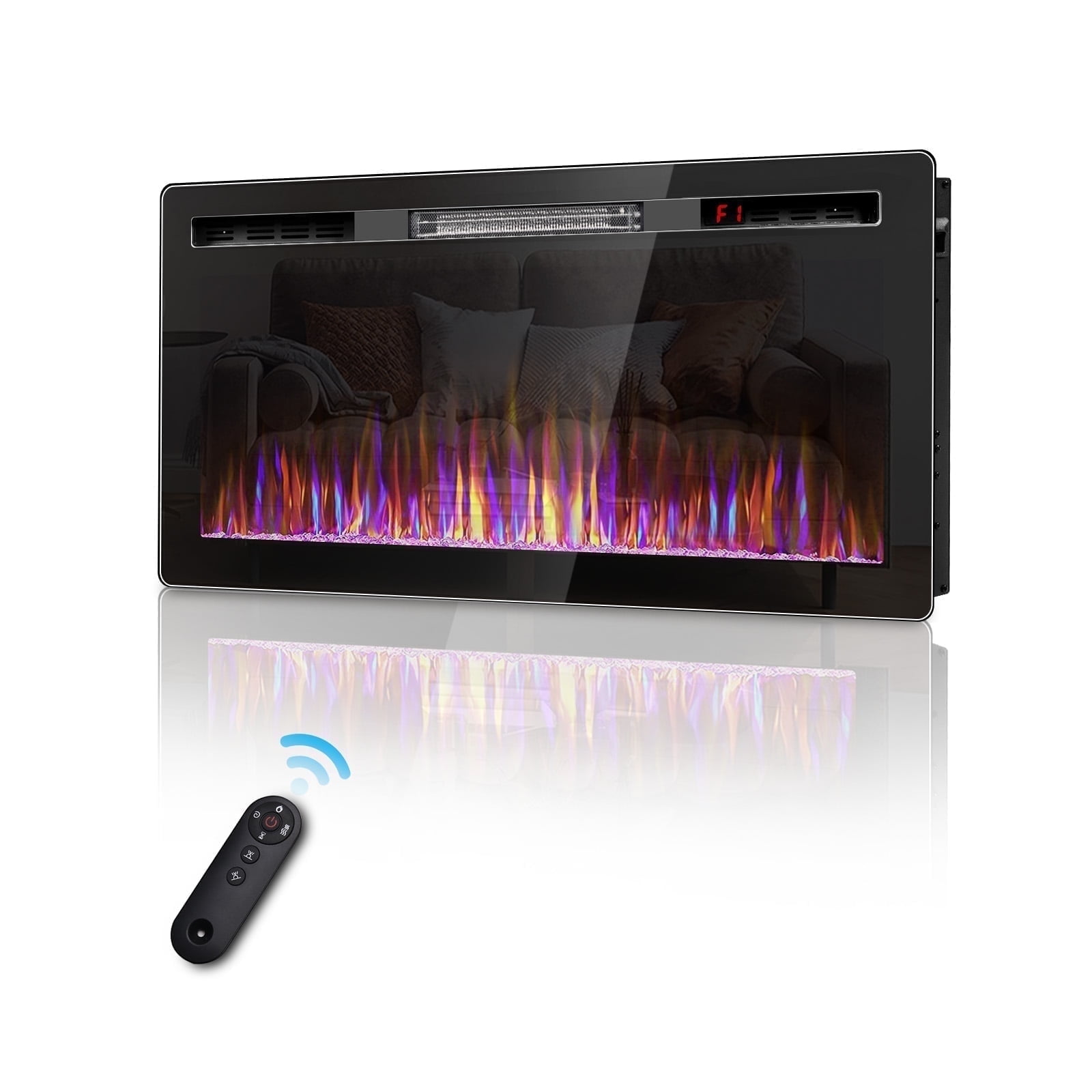 Waleaf 36 inch Ultra-Thin Silence Linear Electric Fireplace Inserts, Recessed Wall Mounted Fireplace, Fit for 2 x 4 and 2 x 6 Stud, Adjustable Flame Color & Speed,Touch Screen Remote Control 8h Timer
