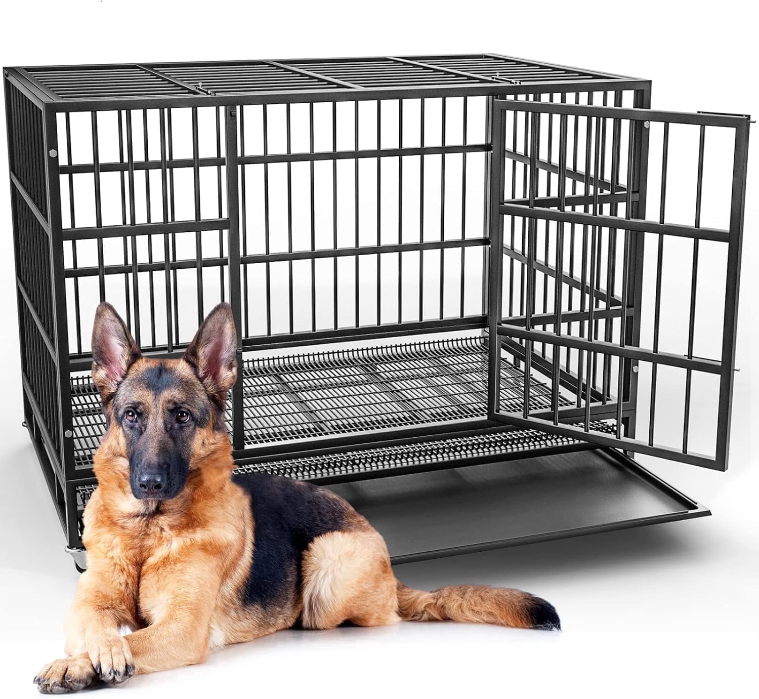 Waleaf 38 inch Heavy Duty Dog Crate Indestructible Dog Crate Cage Metal Kennel and Playpen for Large Dog Indoor Outdoor with Double Doors & Locks Design (38 inch Circular Tube, Silver)