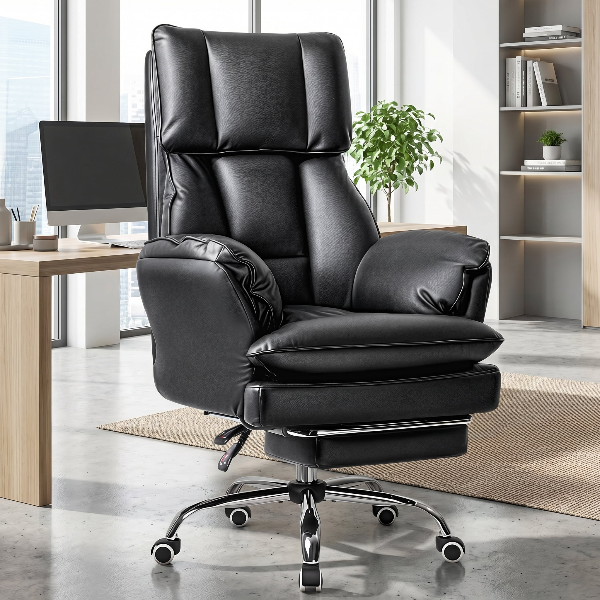 Waleaf 400lbs Executive Office Chair with Footrest, Ergonomic Leather Desk Chair with 180° Flip Armrests for Cross-Legged Sitting & 135° Reclining Back