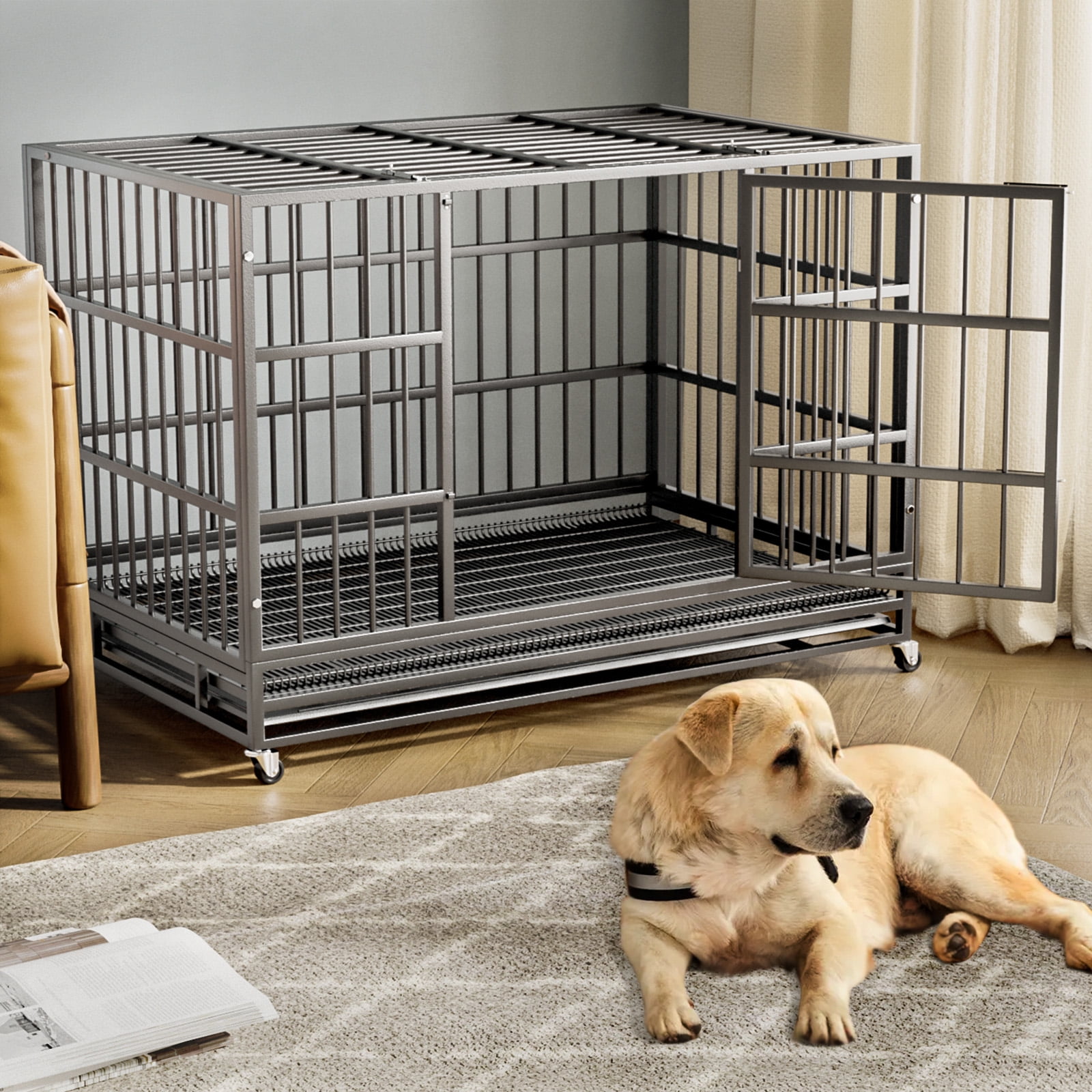 Waleaf 42 Inch Heavy Duty Dog Crate Cage with Wheels for Indoor and ... - Heavy Duty Dog Crate With Greenhouse Cover