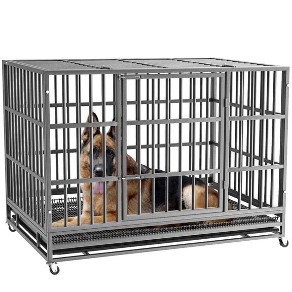 Waleaf 42 inch Heavy Duty Dog Crate Indestructible Dog Crate Cage Metal Kennel and Playpen for Large Dog Indoor Outdoor with Double Doors & Locks Design (38 inch Circular Tube, Silver)
