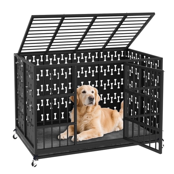Waleaf 42 inch Heavy Duty Indestructible Dog Crate,Chew Proof Prevent Escape ,High-anxiety Dog Kennel with Detachable Soft Cushion and Locking Wheels for Large Dogs