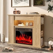 Waleaf 43 Electric Fireplace Mantel with LED Lights, Freestanding Media Console & TV Stand for Living Room, Modern Farmhouse Heater with 7 Flame Colors & Adjustable Storage, Light Oak