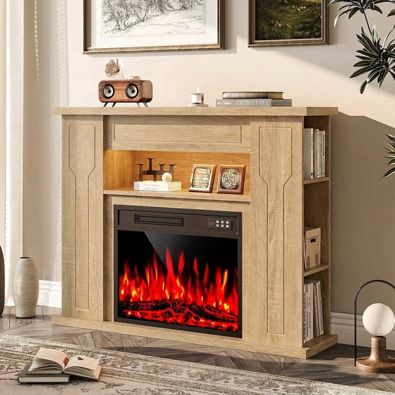 Waleaf 43" Electric Fireplace Mantel with LED Lights, Freestanding Media Console & TV Stand for Living Room, Modern Farmhouse Heater with 7 Flame Colors & Adjustable Storage, Light Oak