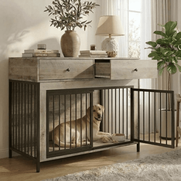 Waleaf 44 inch Dog Crate Furniture with 2 Storage Drawers,Wooden Dog Kennel for Inside,Tables with Dog Crate for Large Medium Dogs
