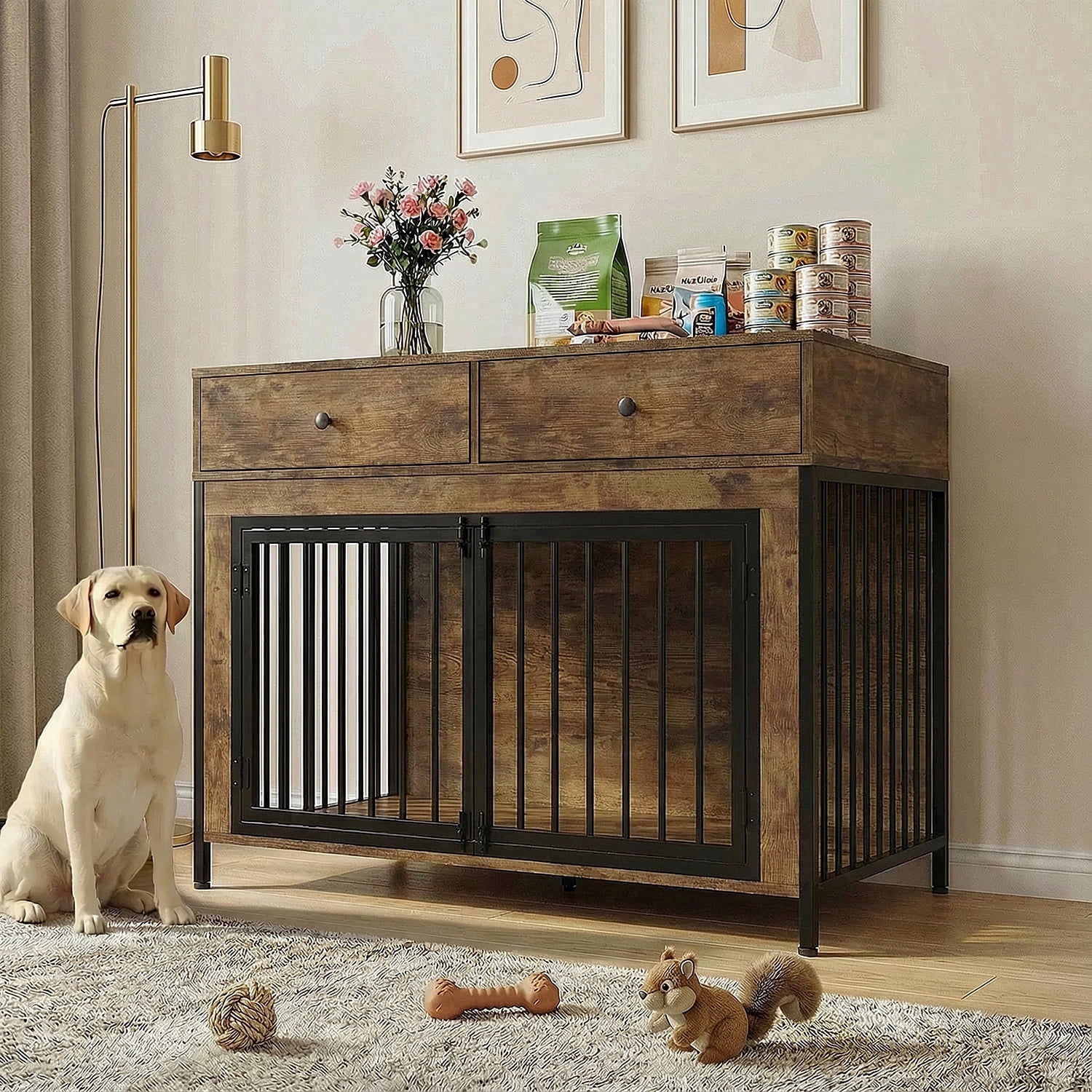 Waleaf 44 inch Dog Crate Furniture with 2 Storage Drawers,Wooden Dog ...