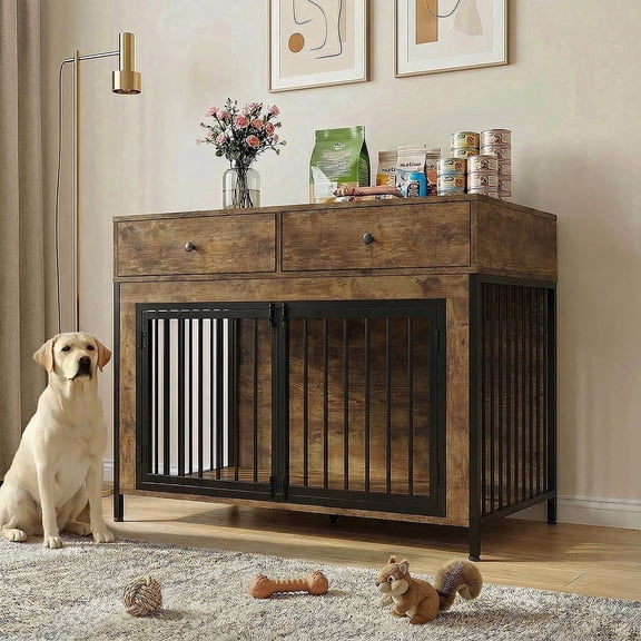 Waleaf 44 inch Dog Crate Furniture with 2 Storage Drawers,Wooden Dog Kennel for Inside,Tables with Dog Crate for Large Medium Dogs