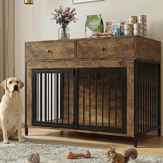 Waleaf 44 inch Dog Crate Furniture with 2 Storage Drawers,Wooden Dog Kennel for Inside,Tables with Dog Crate for Large Medium Dogs
