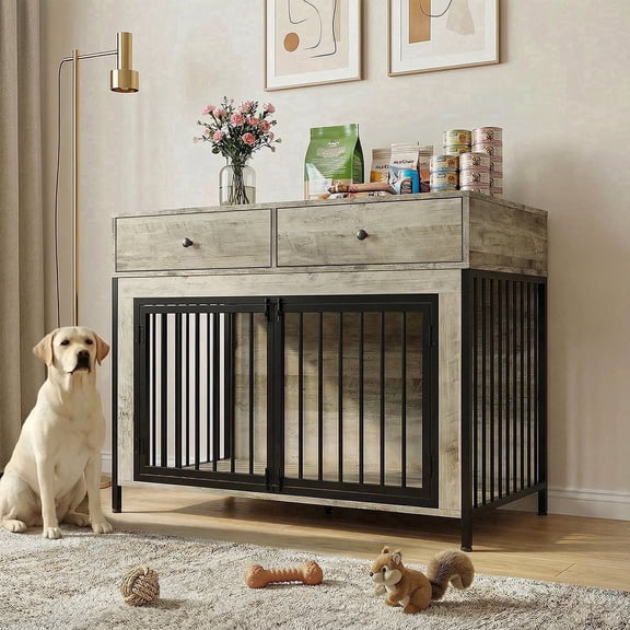 Waleaf 44 inch Dog Crate Furniture with 2 Storage Drawers,Wooden Dog Kennel for Inside,Tables with Dog Crate for Large Medium Dogs