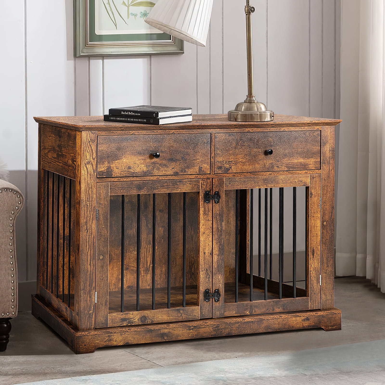 Waleaf 44" Large Dog Crate Kennel Furniture with 2 Storage Drawers for inside, Wooden Pet Cage for Medium Large Dogs