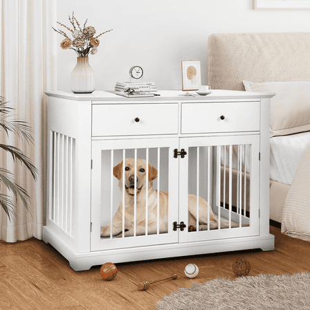 Waleaf 44" Large Dog Crate Kennel Furniture with 2 Storage Drawers for inside, Wooden Pet Cage for Medium Large Dogs