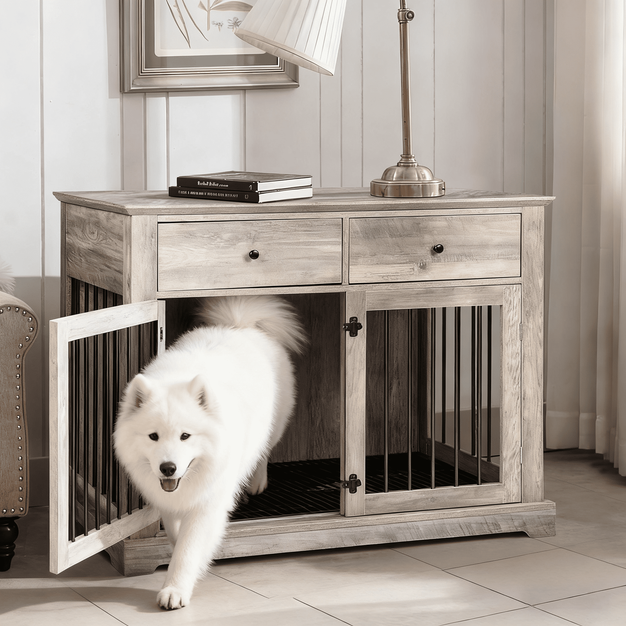 Waleaf 44" Large Dog Crate Kennel Furniture with 2 Storage Drawers for inside, Wooden Pet Cage for Medium Large Dogs