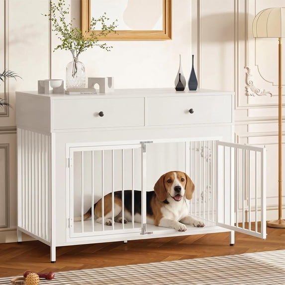 Waleaf 44 inch Dog Crate Furniture with 2 Storage Drawers,Wooden Dog Kennel for Inside,Tables with Dog Crate for Large Medium Dogs,White
