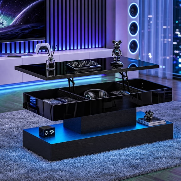 Waleaf 47.2" Large High Glossy Lift Top Coffee Table with APP LED Lights, Hidden Compartment Storage, Modern Living Room Coffee Table, Black Center Table