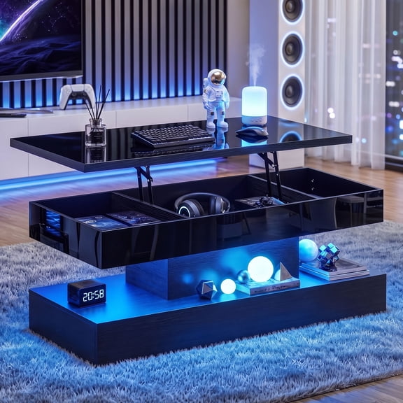 Waleaf 47.2" Large High Glossy Lift Top Coffee Table with APP LED Lights, Hidden Compartment Storage, Modern Living Room Coffee Table, Black Center Table