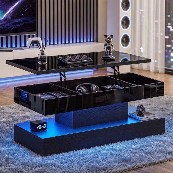 Waleaf 47.2" Large High Glossy Lift Top Coffee Table with APP LED Lights, Hidden Compartment Storage, Modern Living Room Coffee Table, Black Center Table
