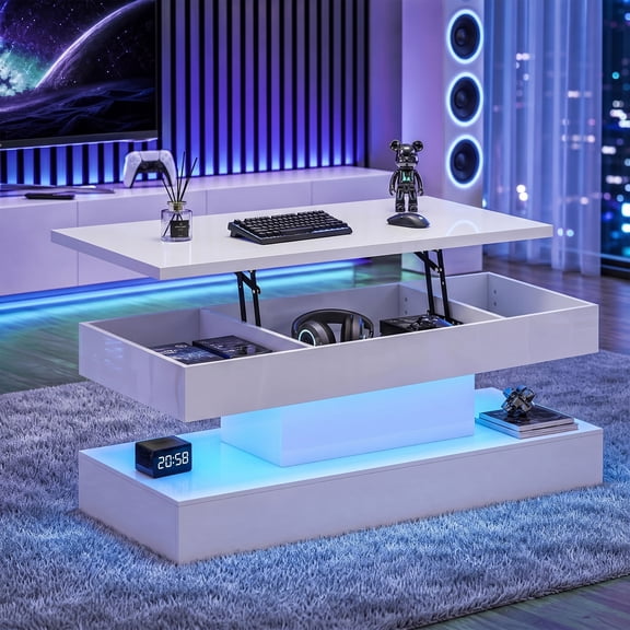 Waleaf 47.2" Large High Glossy Lift Top Coffee Table with APP LED Lights, Hidden Compartment Storage, Modern Living Room Coffee Table, white Center Table