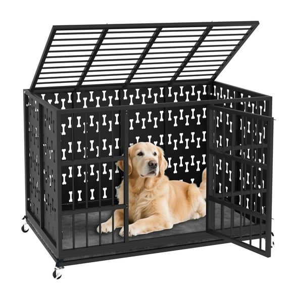 Waleaf 48 inch Heavy Duty Indestructible Dog Crate,Chew Proof Prevent Escape ,High-anxiety Dog Kennel with Detachable Soft Cushion and Locking Wheels for Large Dogs