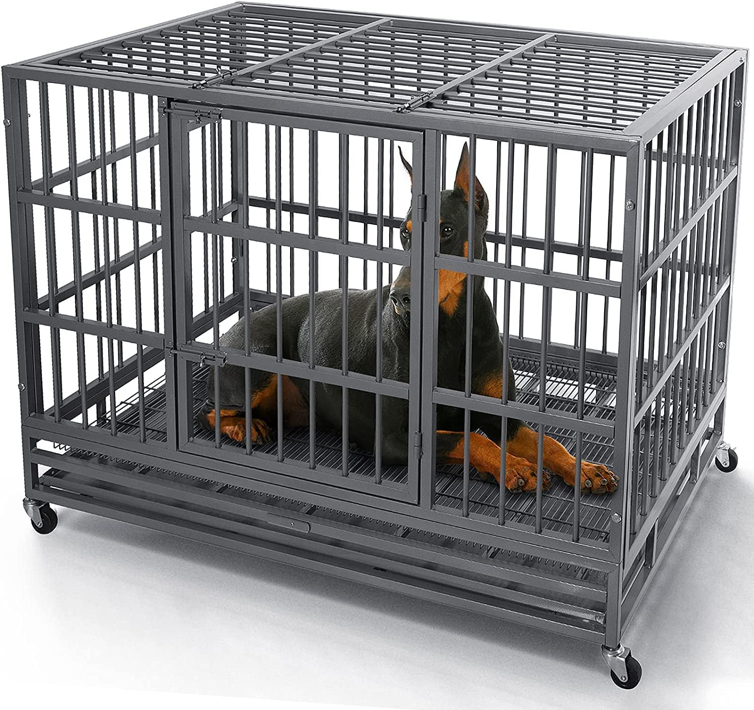 54 inch heavy duty indestructible dog crate escape proof dog cage kennel with lockable wheels high anxiety double door extra large crate
