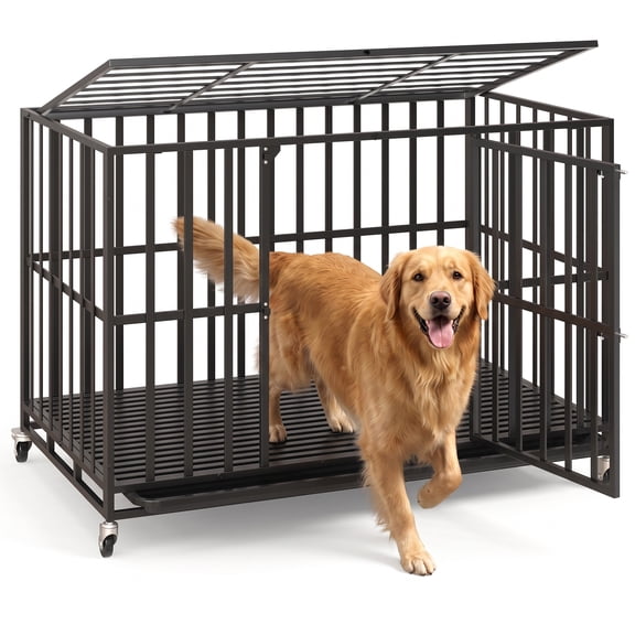 Waleaf 48 Inch Heavy Duty Dog Crate, Indestructible Dog Kennel Indoor, Escape Proof Pet Cage for Large Dogs, High Anxiety Dog Crate with Double Door, Lockable Wheels & Removable Tray