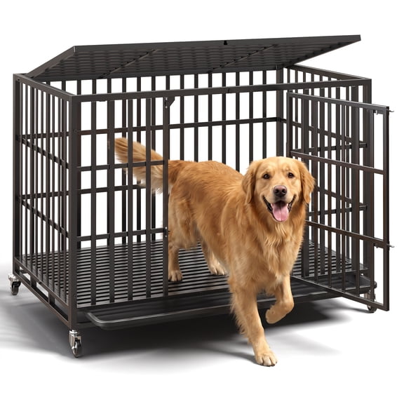 Waleaf 48 Inch Heavy Duty Dog Crate, Indestructible Dog Kennel Indoor, Escape Proof Pet Cage for Large Dogs, High Anxiety Dog Crate with Double Door, Lockable Wheels & Removable Tray