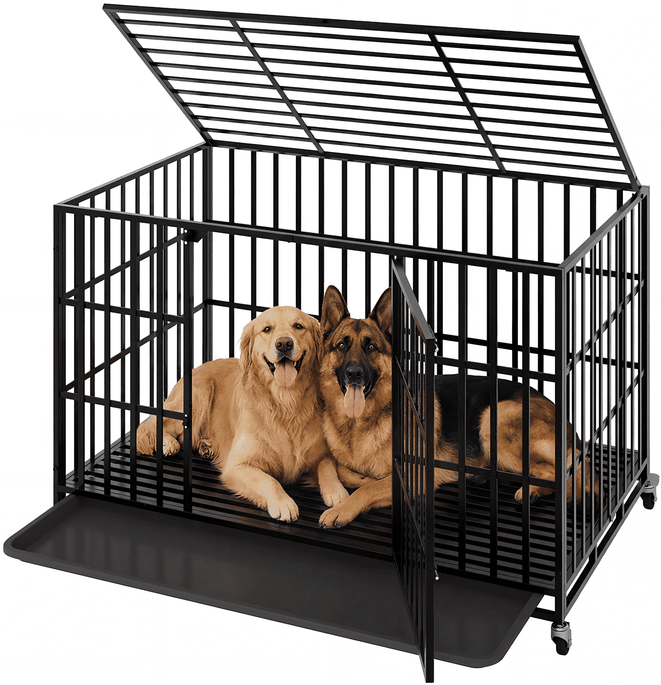 Waleaf 48 Inch Heavy Duty Dog Crate, Indestructible Dog Kennel Indoor, Escape Proof Pet Cage for Large Dogs, High Anxiety Dog Crate with Double Door, Lockable Wheels & Removable Tray