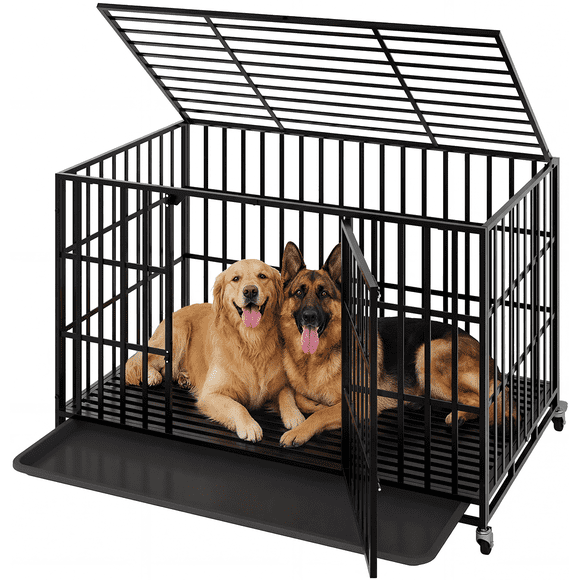Waleaf 48 Inch Heavy Duty Dog Crate, Indestructible Dog Kennel Indoor, Escape Proof Pet Cage for Large Dogs, High Anxiety Dog Crate with Double Door, Lockable Wheels & Removable Tray