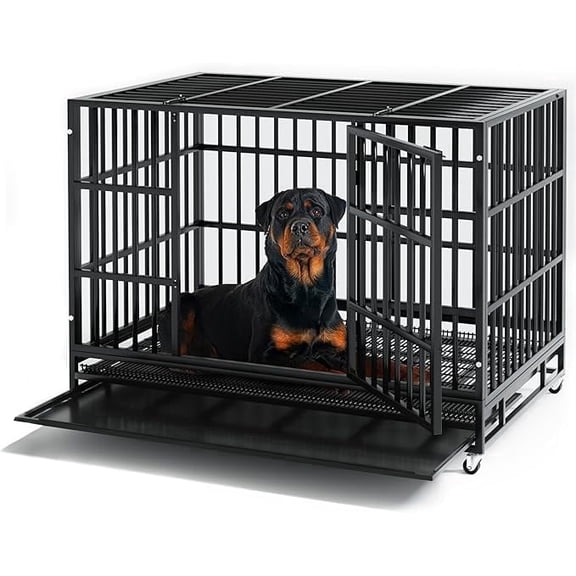 Waleaf 48 inch Heavy Duty Dog Crate, Indestructible Dog Cage Kennel for High Anxiety Dog, Escape Proof & Sturdy Locks Design, Extra Large Crate Indoor with Double Door and Removable Tray