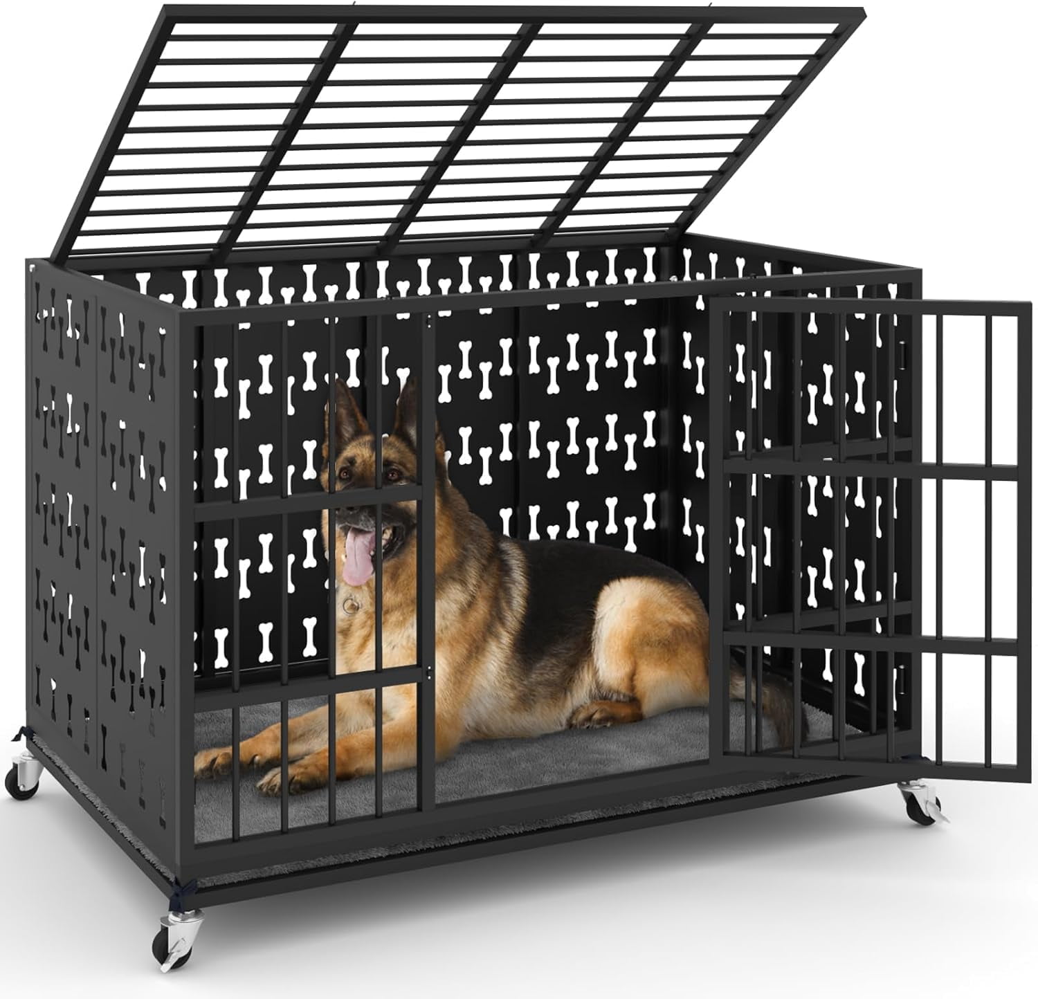 Waleaf 48 inch Heavy Duty Indestructible Dog Crate, Escape Proof Dog Cage with Enclosed Design, High Anxiety Dog Crate for Large Dogs, Lockable Wheels and Removable Trays, Large