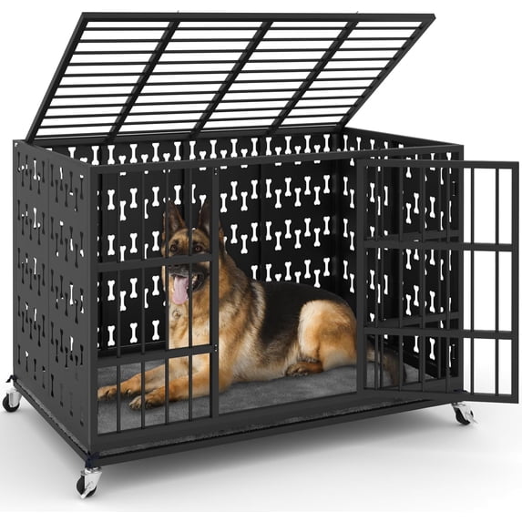 Waleaf 48 inch Heavy Duty Indestructible Dog Crate, Escape Proof Dog Cage with Enclosed Design, High Anxiety Dog Crate for Large Dogs, Lockable Wheels and Removable Trays, Large