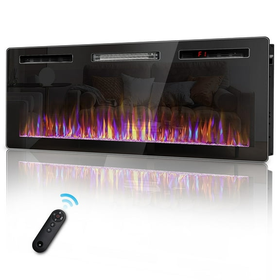 Waleaf 50 inch Mirrored Electric Fireplace Wall Mounted/Recessed, Fireplace Heater with Multicolor Flame, Timer Low Noise 750/1500W