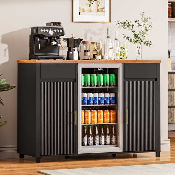 Waleaf 53"Coffee Bar Cabinet with Fridge Space,Mini Fridge Cabinet with Power Outletm,Black Buffet Sideboard for Kitchen Dining Room Living Room