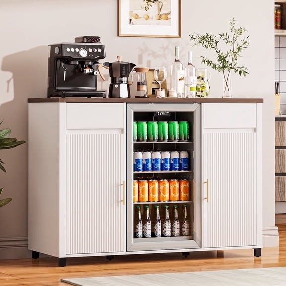 Waleaf 53"Coffee Bar Cabinet with Fridge Space,Mini Fridge Cabinet with Power Outletm,Black Buffet Sideboard for Kitchen Dining Room Living Room
