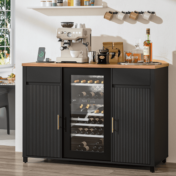 Waleaf 53"Coffee Bar Cabinet with Fridge Space,Mini Fridge Cabinet with Power Outletm,Black Buffet Sideboard for Kitchen Dining Room Living Room