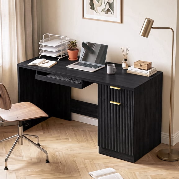 Waleaf 55" Computer Desk with Drawers & Storage Shelves, Modern Home Office Desk with Keyboard Tray, Sturdy Wood Study Writing Desk for Bedroom Living Room（Black）