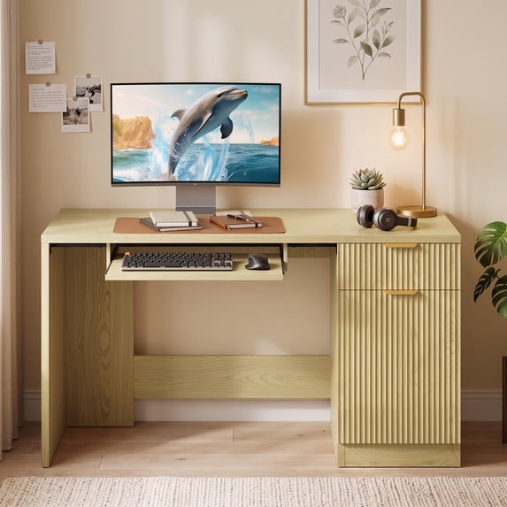 Waleaf 55" Computer Desk with Drawers & Storage Shelves, Modern Home Office Desk with Keyboard Tray, Sturdy Wood Study Writing Desk for Bedroom Living Room(Oak)