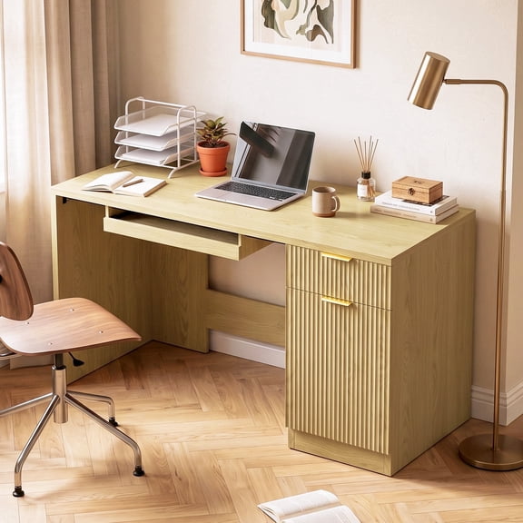 Waleaf 55" Computer Desk with Drawers & Storage Shelves, Modern Home Office Desk with Keyboard Tray, Sturdy Wood Study Writing Desk for Bedroom Living Room(Oak)