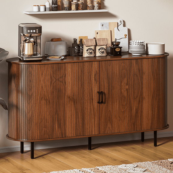 Waleaf 55" Sideboard Buffet Cabinet with Tambour Sliding Doors, Mid-Century Modern Fluted Console Table for Coffee Bar & Dining Room