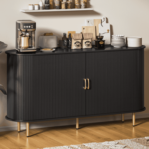 Waleaf 55" Sideboard Buffet Cabinet with Tambour Sliding Doors, Mid-Century Modern Fluted Console Table for Coffee Bar & Dining Room