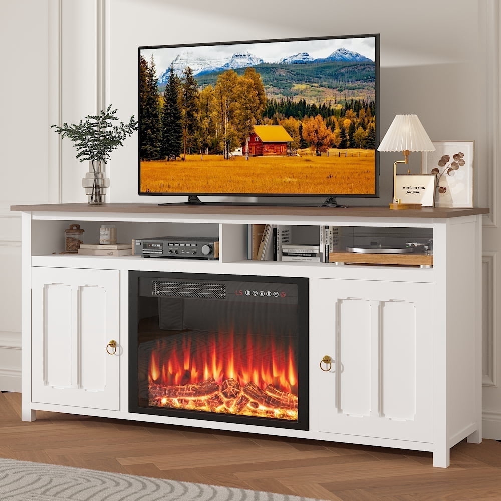 Waleaf 58" Farmhouse Fireplace TV Stand up to 65" with 23" Electric Fireplace,Media TV Console with Open Storage Shelves and Cabinets for Living Room