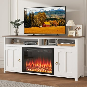 Waleaf 58" Farmhouse Fireplace TV Stand up to 65" with 23" Electric Fireplace,Media TV Console with Open Storage Shelves and Cabinets for Living Room