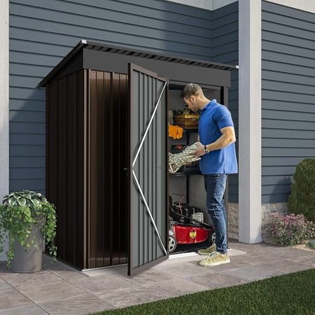 Waleaf 5x3 FT Outdoor Storage Shed with Floor,Tool Garden Metal Sheds with Lockable Door,Outside Waterproof Galvanized Steel Storage House for Backyard Garden, Patio, Lawn Brown