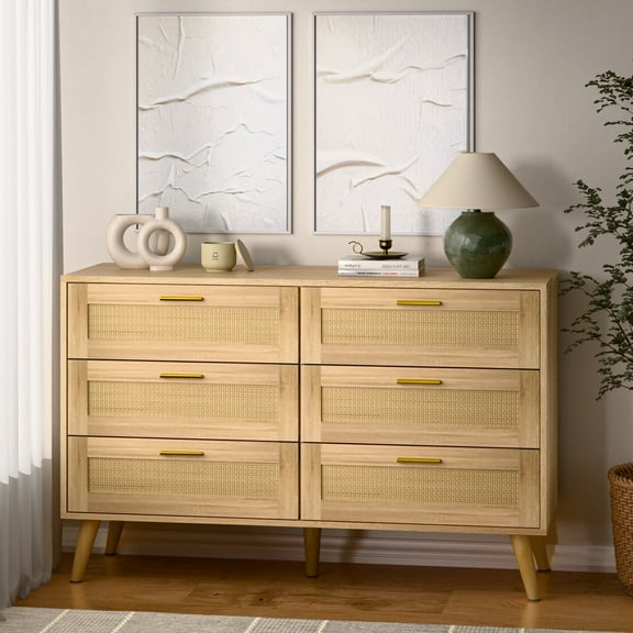 Waleaf 6 Drawer Dresser for Bedroom,Rattan Modern Closet Dressers Chest of Drawers,Beside Table for Entryway, Living Room, Hallway, Bedroom