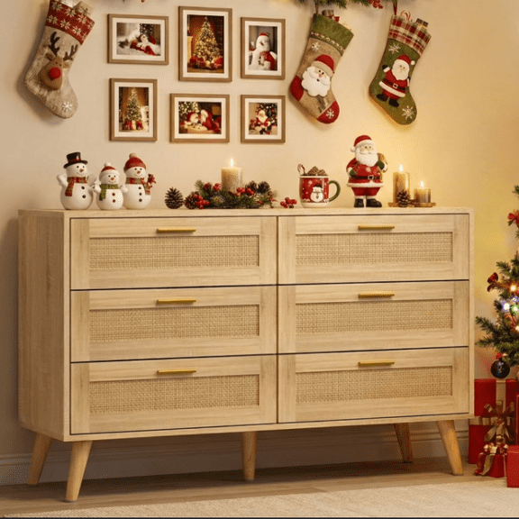 Waleaf 6 Drawer Dresser for Bedroom,Rattan Modern Closet Dressers Chest of Drawers,Beside Table for Entryway, Living Room, Hallway, Bedroom