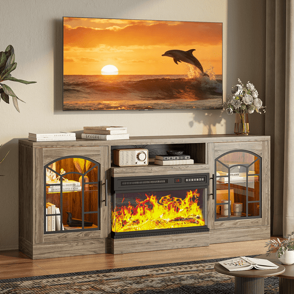 Waleaf 60" TV Stand with 3-Sided Glass Electric Fireplace, Modern Media Entertainment Center for TVs up to 65", Slim Wood Console with 21-Mode LED Lights & Adjustable Shelves