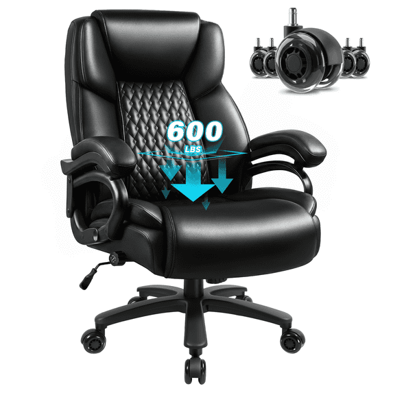 Waleaf 600lbs Big and Tall Executive Office Chair with Adjustable Lumbar Support, Ergonomic Heavy Duty Computer Desk Chair with Pocket Spring Cushion & Dual Crystal Wheels, Black